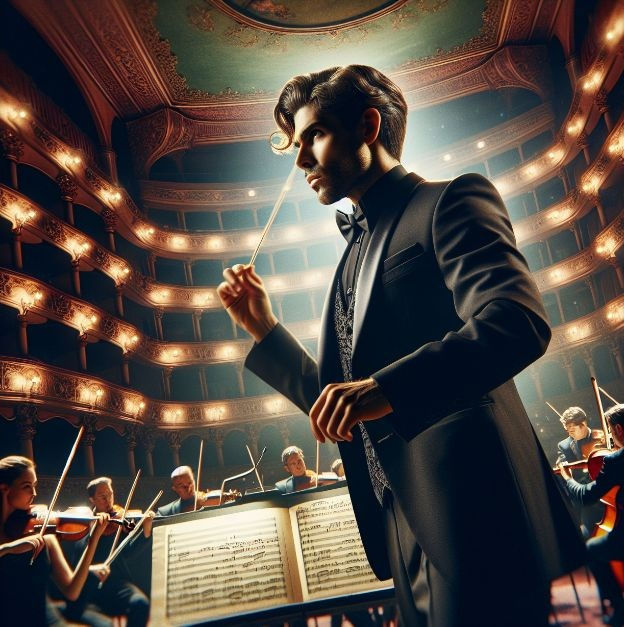Professional orchestra conductor, leading musicians, dynamic pose, elegant black suit, performing on a concert hall stage, vibrant concert hall, focused expression, warm lighting, intricate stage details, musical notation