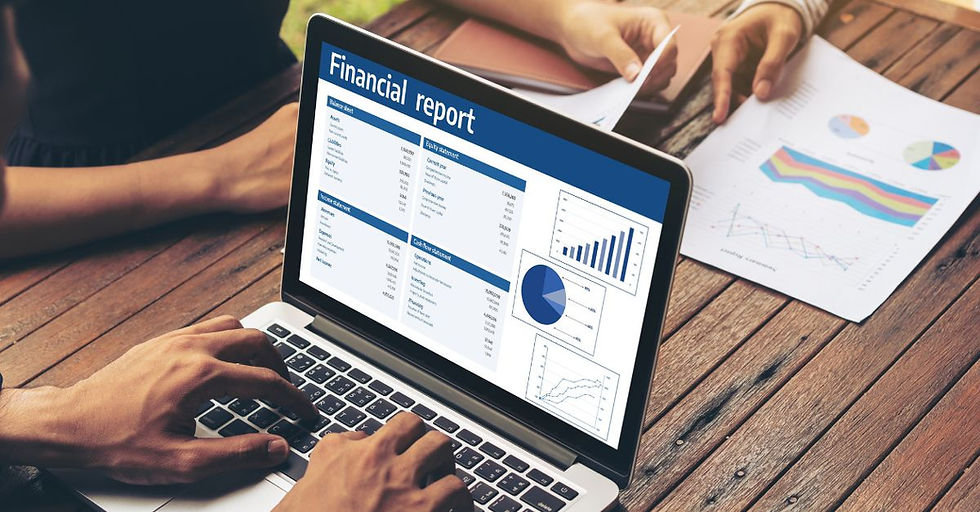 Financial analytics dashboard on laptop illustrating Business Central cloud scalability for reporting and growth