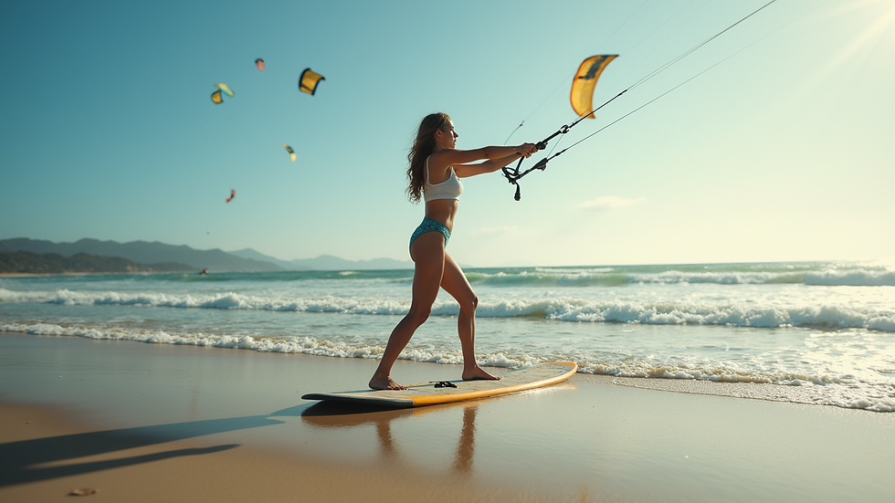 Close-up view of a person stretching on the beach before kiteboarding