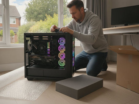 Securing Your PC: A man carefully prepares his computer for a house move, using bubble wrap and foam to ensure safe transportation.