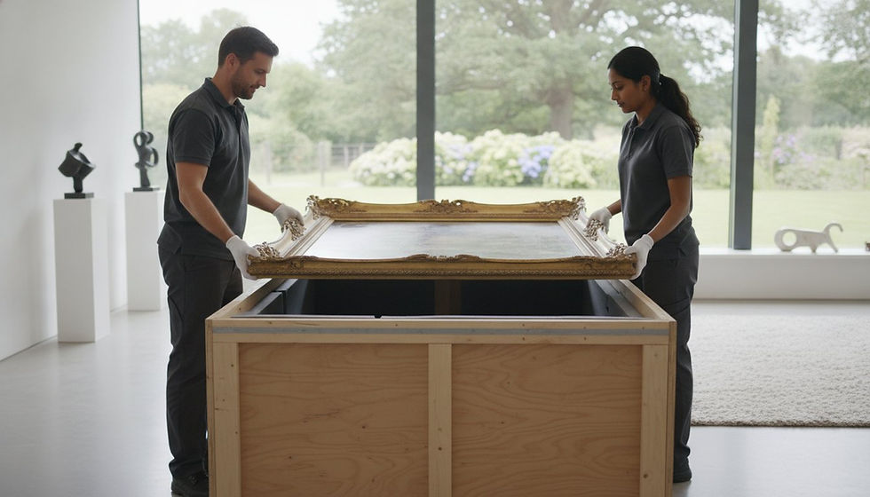 Expert movers carefully pack a framed painting in a secure crate, ensuring the safe transport of fine art and antiques in Surrey.