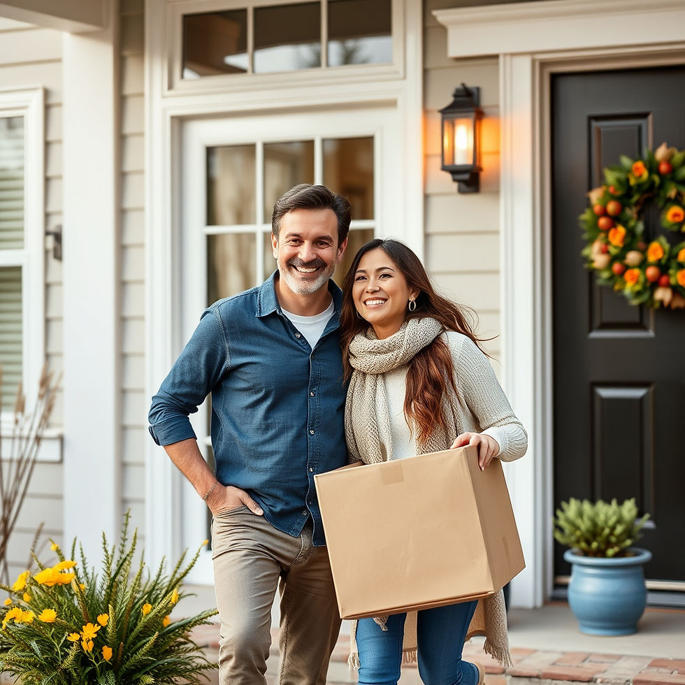 A joyful couple stands at the doorstep of their new home in Camberley, warmly embracing the start of a new chapter. Their expressions reflect excitement and happiness as they welcome this significant milestone in their lives.