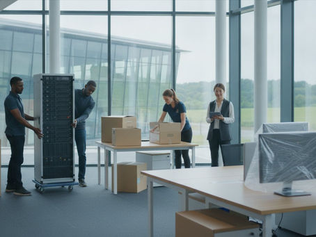 Efficient Office Relocation in Farnborough: A team expertly handles server equipment and organizes packing, ensuring minimal downtime and maximum efficiency.