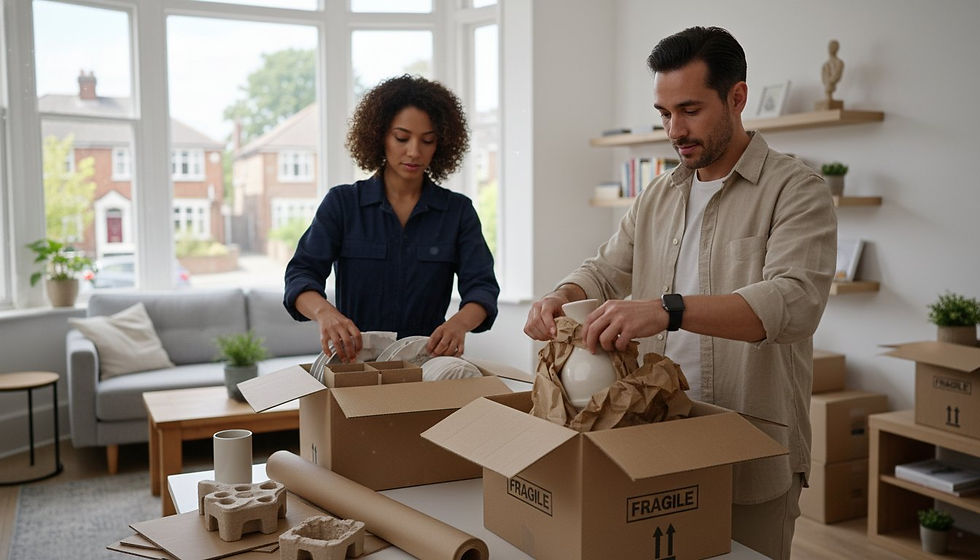A couple packing boxes labeled "Fragile" in a bright living room, with shelves and large windows in the background. Calm mood.