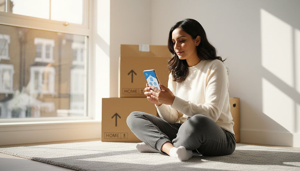 A woman comfortably settles in her new home, surrounded by unpacked boxes, as she uses her smartphone to manage home automation settings.