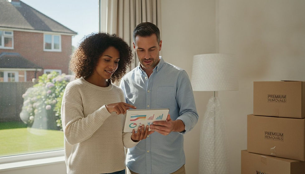 Couple reviewing their moving plan on a tablet amidst packed boxes, preparing for their first house move with excitement.