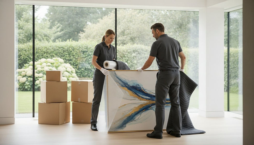 Professional movers expertly handle and wrap a large painting during a home removal in 2026, highlighting modern alternatives to traditional removal companies like Pickfords.