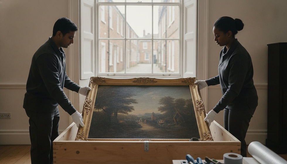 Professional art handlers carefully pack a valuable painting for transport in Farnham, illustrating the importance of art transit insurance.