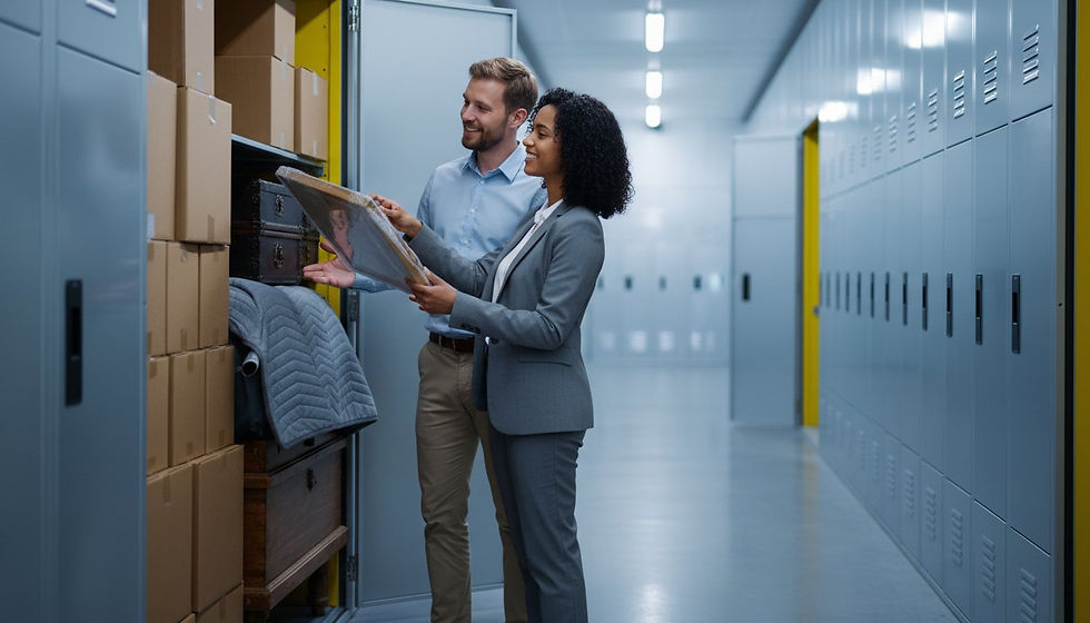 A business professional shows a client around a secure storage facility, discussing stored items and inventory in a well-organized, climate-controlled environment.