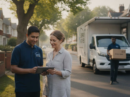 Moving made easy: A removal company professional reviews details with a client, ensuring a smooth transition to a new home.