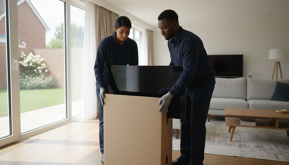 Two people carefully unpack a new TV in a modern living room, preparing to set it up.