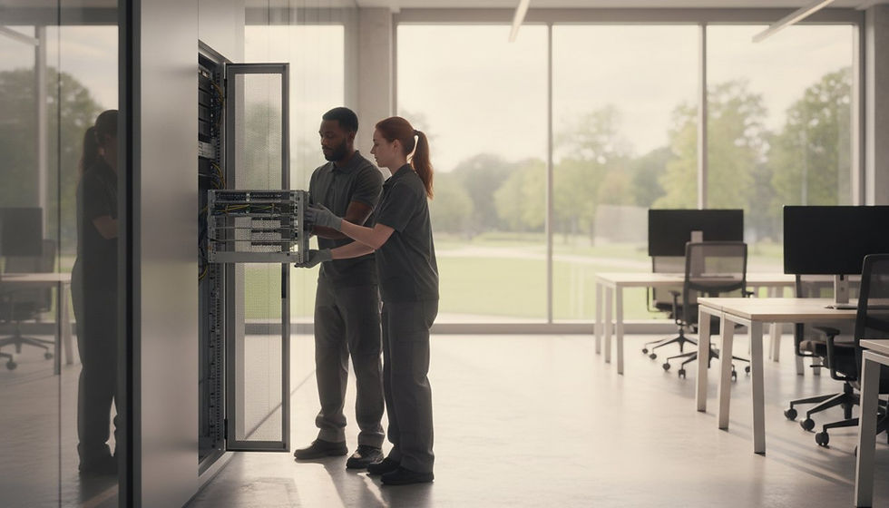 Technicians collaborate in a modern office data centre, ensuring the server rack is properly maintained and operational.