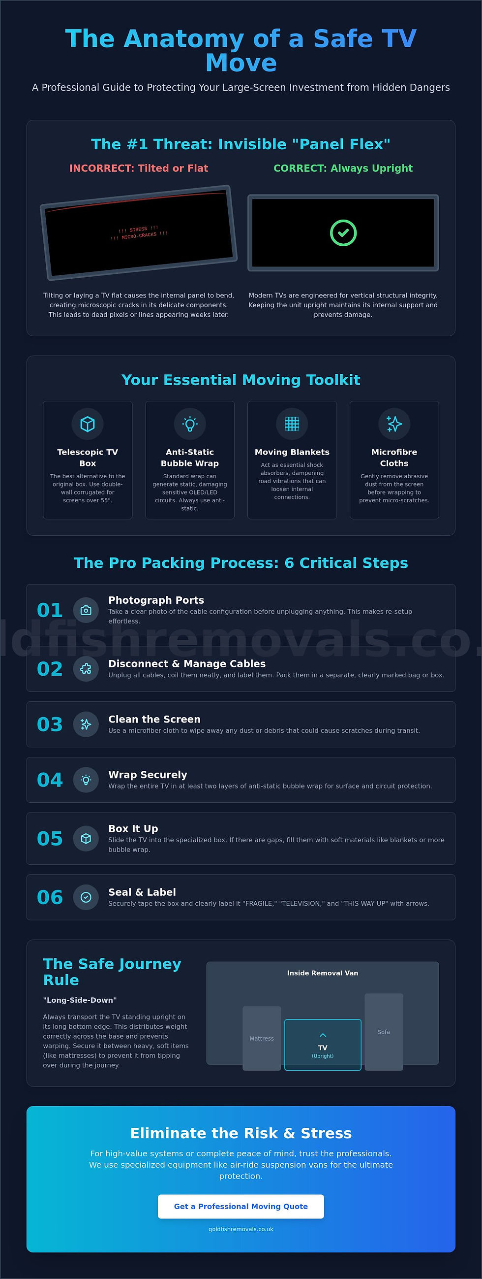 Guide to Safely Moving Your TV: Prevent Damage with Vertical Transport, Essential Packing Tools, and Six Key Steps for a Secure Move.