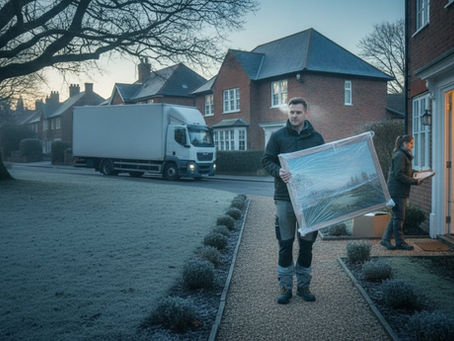 Relocating in the chilly dawn, movers carefully handle belongings for a smooth winter transition.
