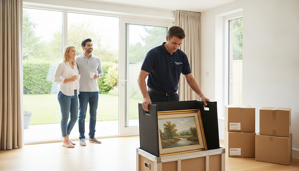 A professional mover carefully packs a painting while a couple observes with satisfaction, highlighting the efficiency and care provided by modern removal services for a seamless moving experience in 2026.