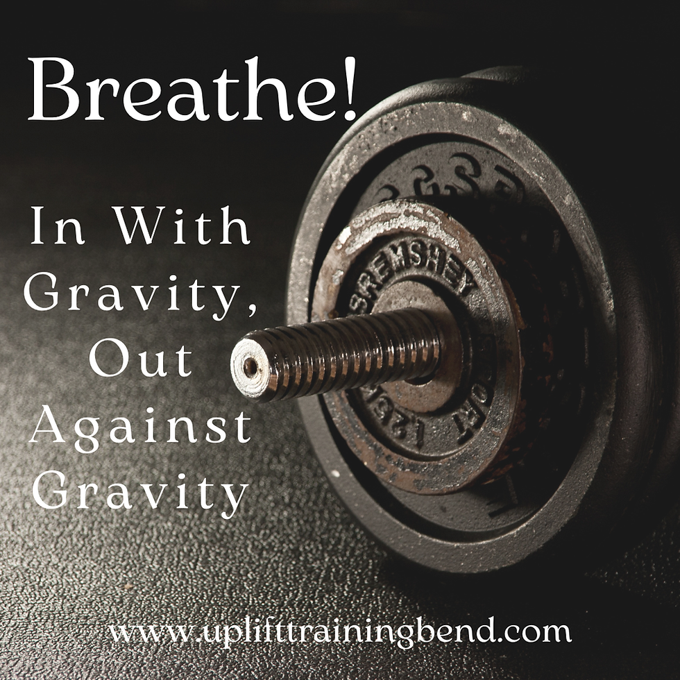 An image created by UpLift Training, a strength training gym in Deschutes Riverwoods, Bend, Oregon. It teaches correct breathing for lifting weights.