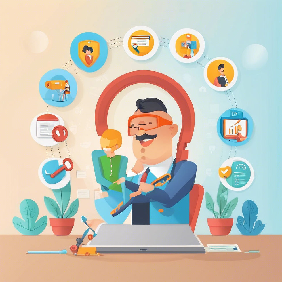 A person in an office setting with colorful project icons surrounding them. They're engaged in work, exuding a thoughtful and creative mood.