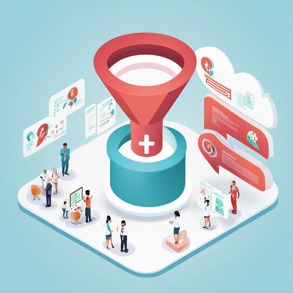 People interact around a large red and blue funnel with a medical cross. Various charts and data are displayed. The mood is busy and professional.