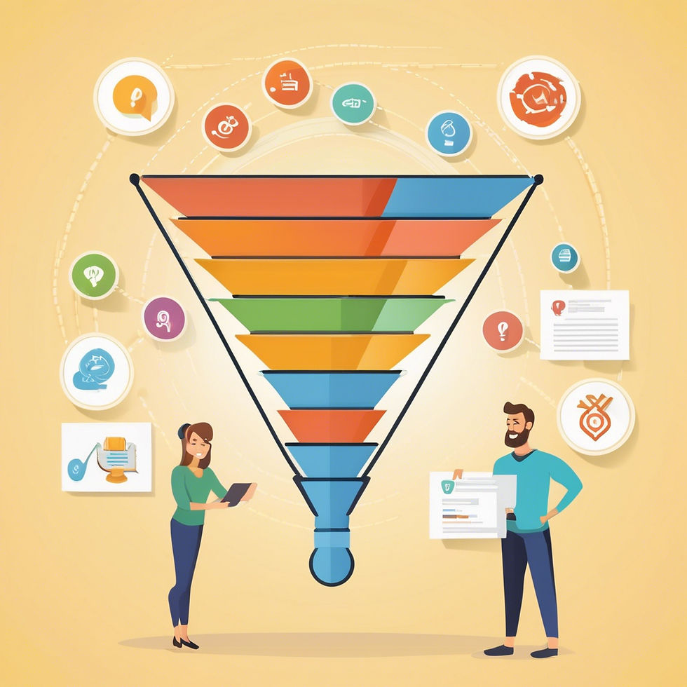 Two people stand beside a colorful sales funnel diagram, each holding documents. Icons float around on a light orange background.