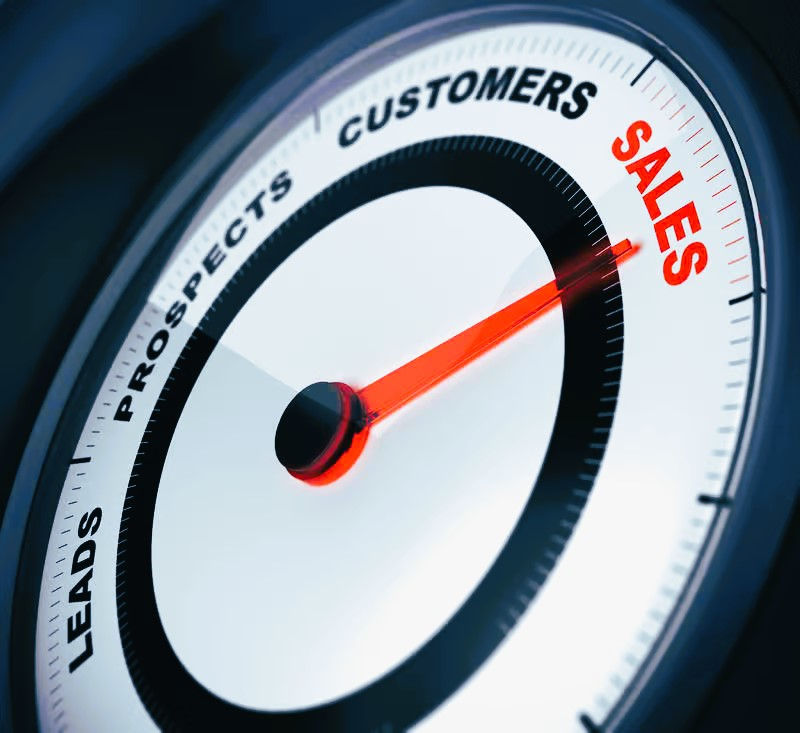 Gauge with red needle pointing to "SALES" with other markers: "LEADS," "PROSPECTS," and "CUSTOMERS." White background, dynamic mood.