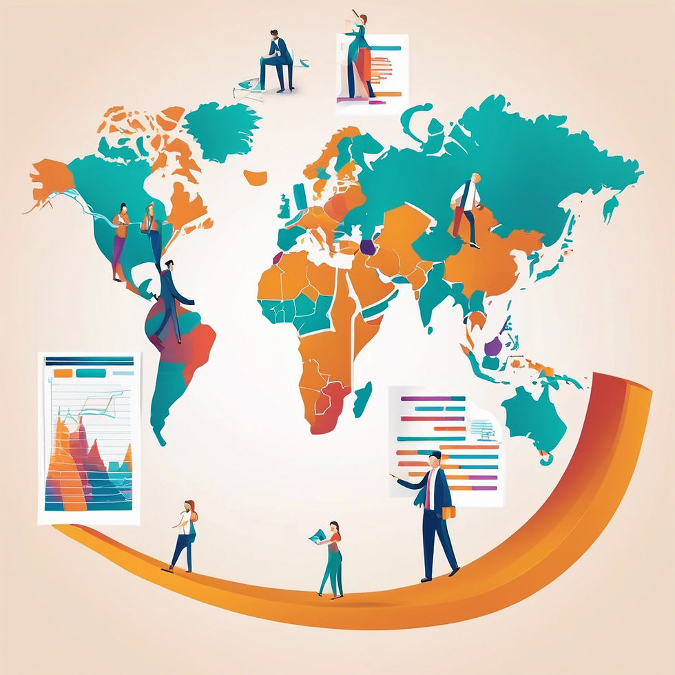 People on a colorful world map, analyzing charts with graphs and data. The mood is dynamic and informative.