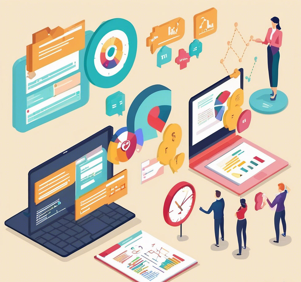 Laptop and tablet displaying analytics charts. People interacting with data visuals. Colorful graphics, files, pie charts, and a clock.
