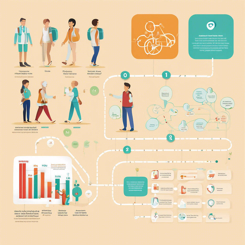 Infographic with diverse people talking and walking, flowcharts, and a bar graph on a beige background, conveying collaboration and data analysis.