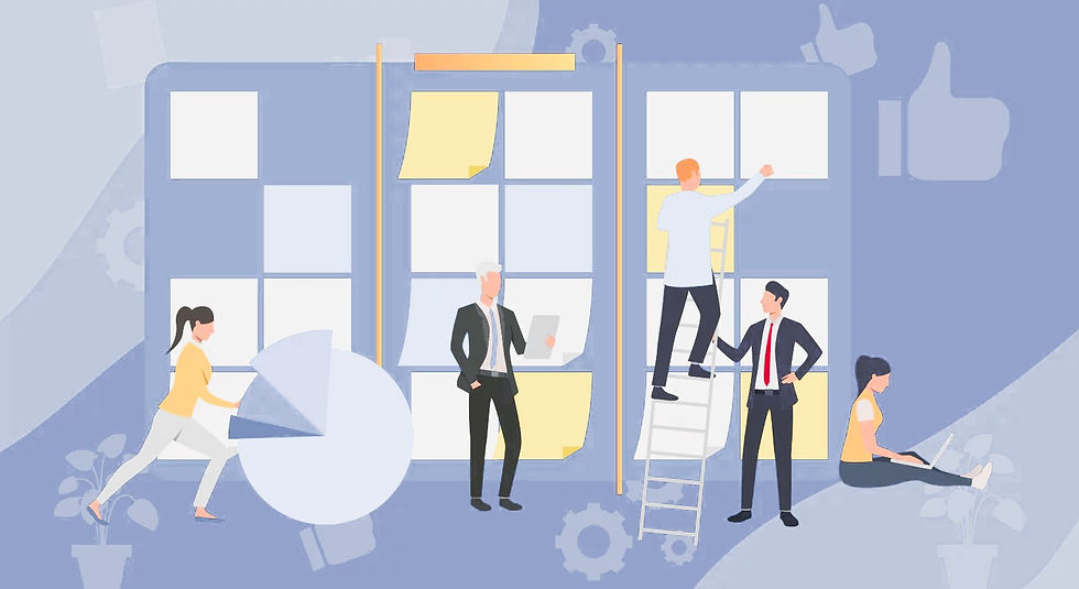 People collaborating in an office setting on a blue abstract background, interacting with charts and sticky notes. Professional and focused mood.
