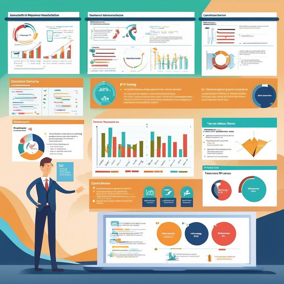 Business presentation with a man in a suit showing charts and graphs on a wall and laptop. Background features colorful data visuals.