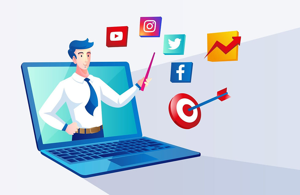 Illustration of a man with a pointer emerging from a laptop, surrounded by social media icons, a target, and an ascending graph.