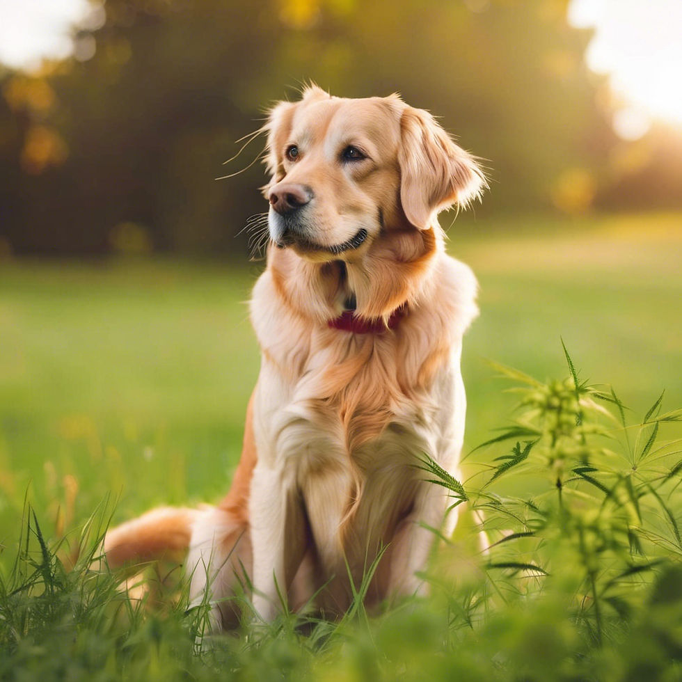Golden retriever with a red collar sits in a sunlit field, surrounded by green grass, looking content and serene in the warm glow.