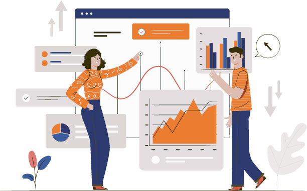 Two people in orange and blue interact with graphs and charts on a screen. Arrows and plants suggest growth and analysis in a digital setting.