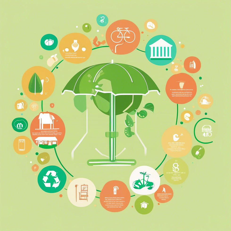 Green umbrella with eco-themed icons in a circular layout on a light green background. Icons include a leaf, bicycle, and recycling symbol.