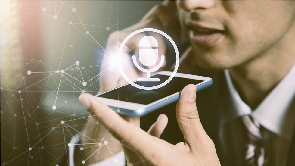 Man speaks into a smartphone with a glowing microphone icon overlay, suggesting voice recognition. Background features a network pattern.