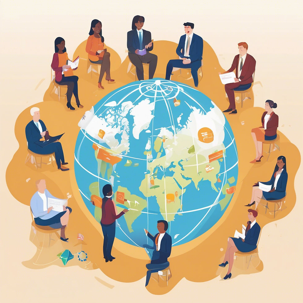 Professionals of diverse backgrounds sit in a circle around a globe, collaborating and engaging in discussion, in a warm, neutral-toned setting.