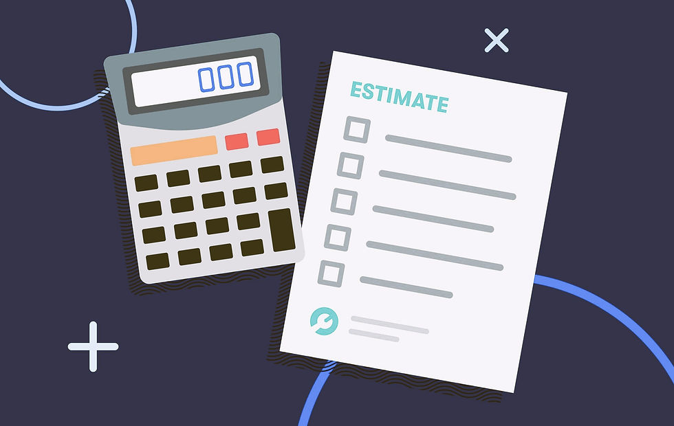 Calculator and estimate sheet on dark background with circles and crosses. The sheet has checkboxes and turquoise text "ESTIMATE".