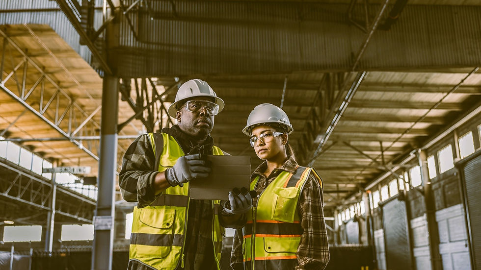 Two construction workers in safety gear review a tablet inside a large industrial warehouse, wearing yellow vests and hard hats.