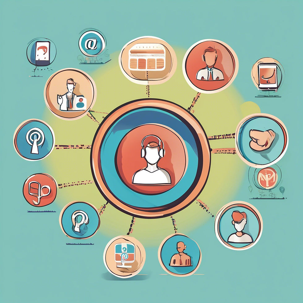 Central figure with headphones surrounded by tech icons and people on a teal background, symbolizing connectivity and communication.