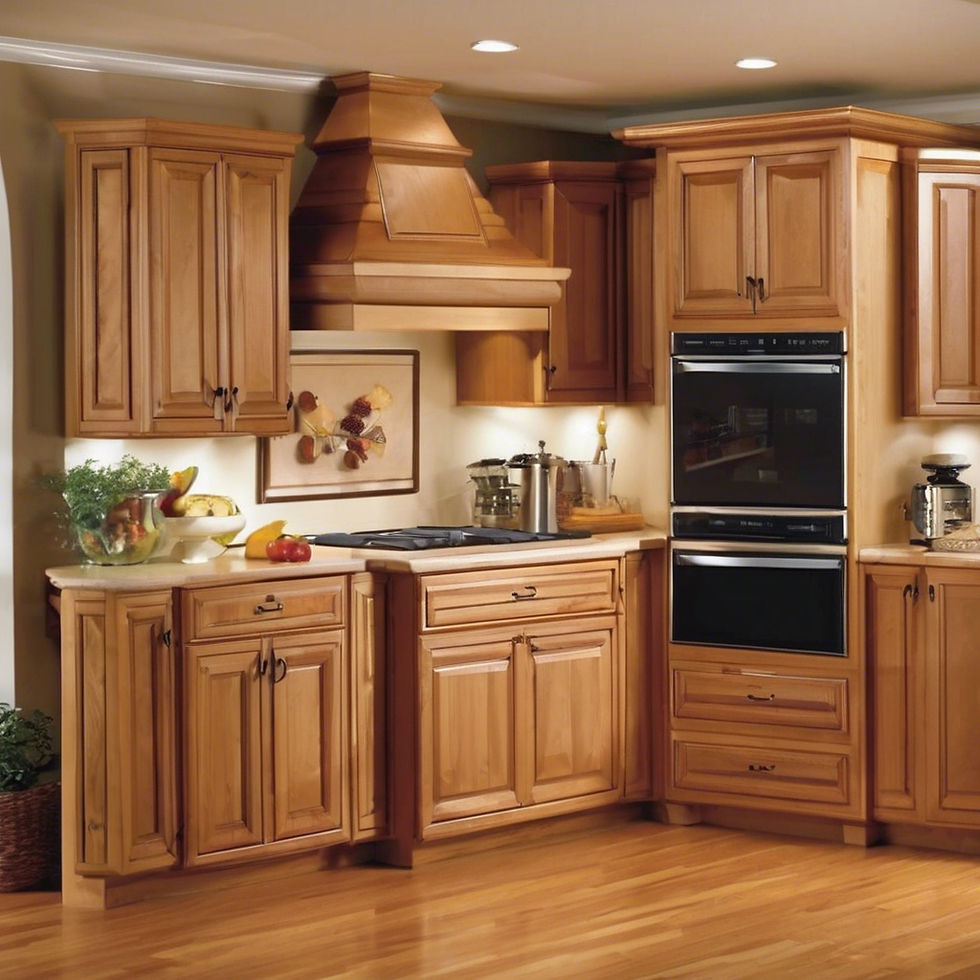 Warm kitchen with wooden cabinets and floor, stainless steel appliances, and countertop decor. Bright lighting and a cozy atmosphere.