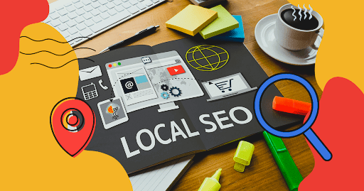 Desk with a keyboard, coffee, and paper shows "LOCAL SEO" with digital icons. Bright colors and search-themed visuals create an energetic vibe.