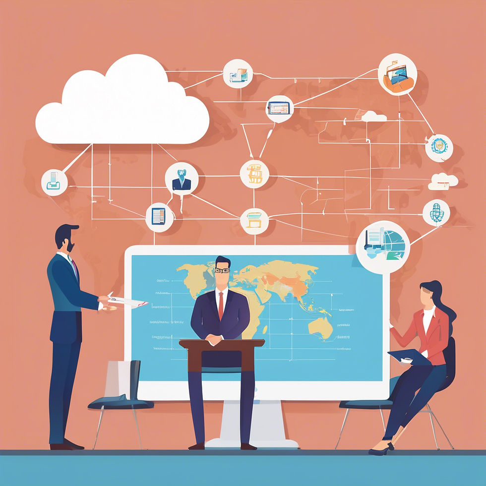 Business presentation with three people. One presents a clipboard, another stands at a podium, a third takes notes. World map on screen.
