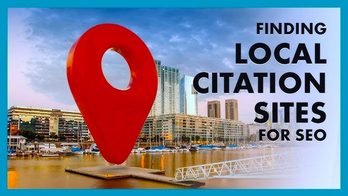 Red location pin over a cityscape with skyscrapers and a river. Text reads "Finding Local Citation Sites for SEO." Calm, urban setting.