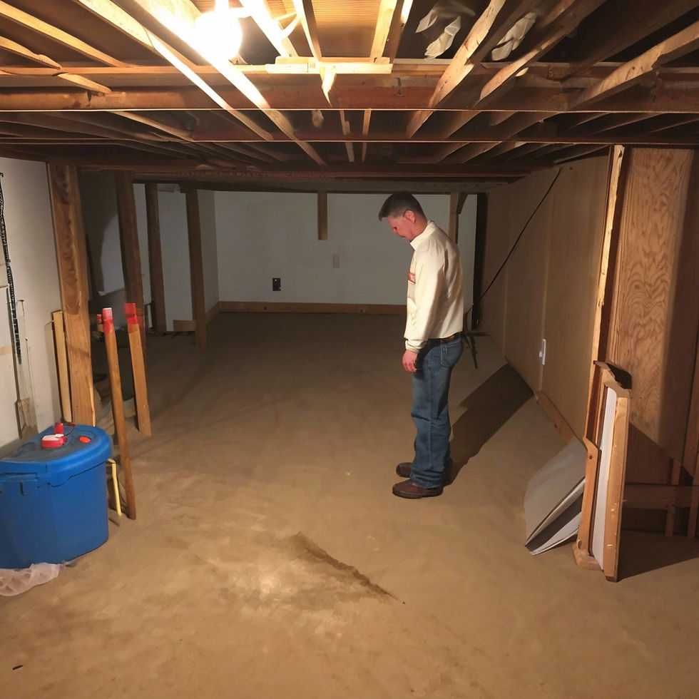 A person in a beige shirt inspects a wet spot on a sandy basement floor. Exposed wooden beams and blue container are visible under warm light.