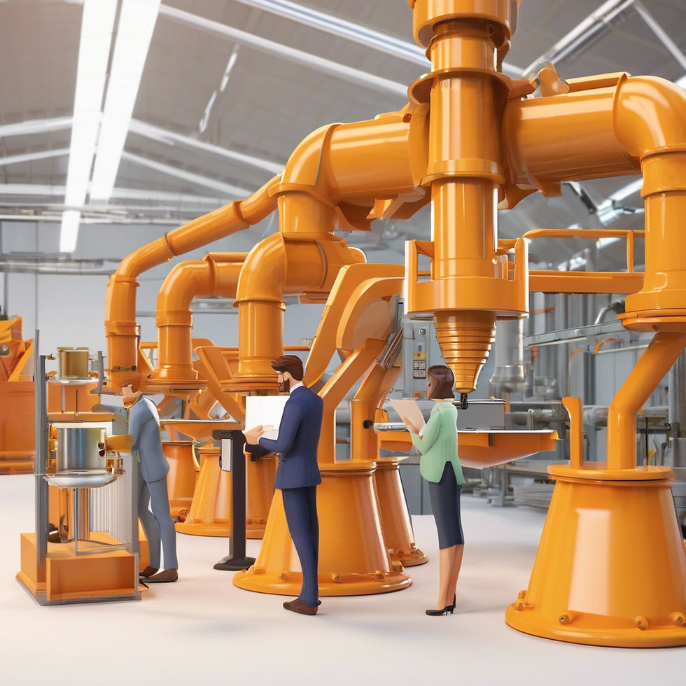 Three people in business attire examine documents in a factory with large orange machinery. The setting is industrial and modern.