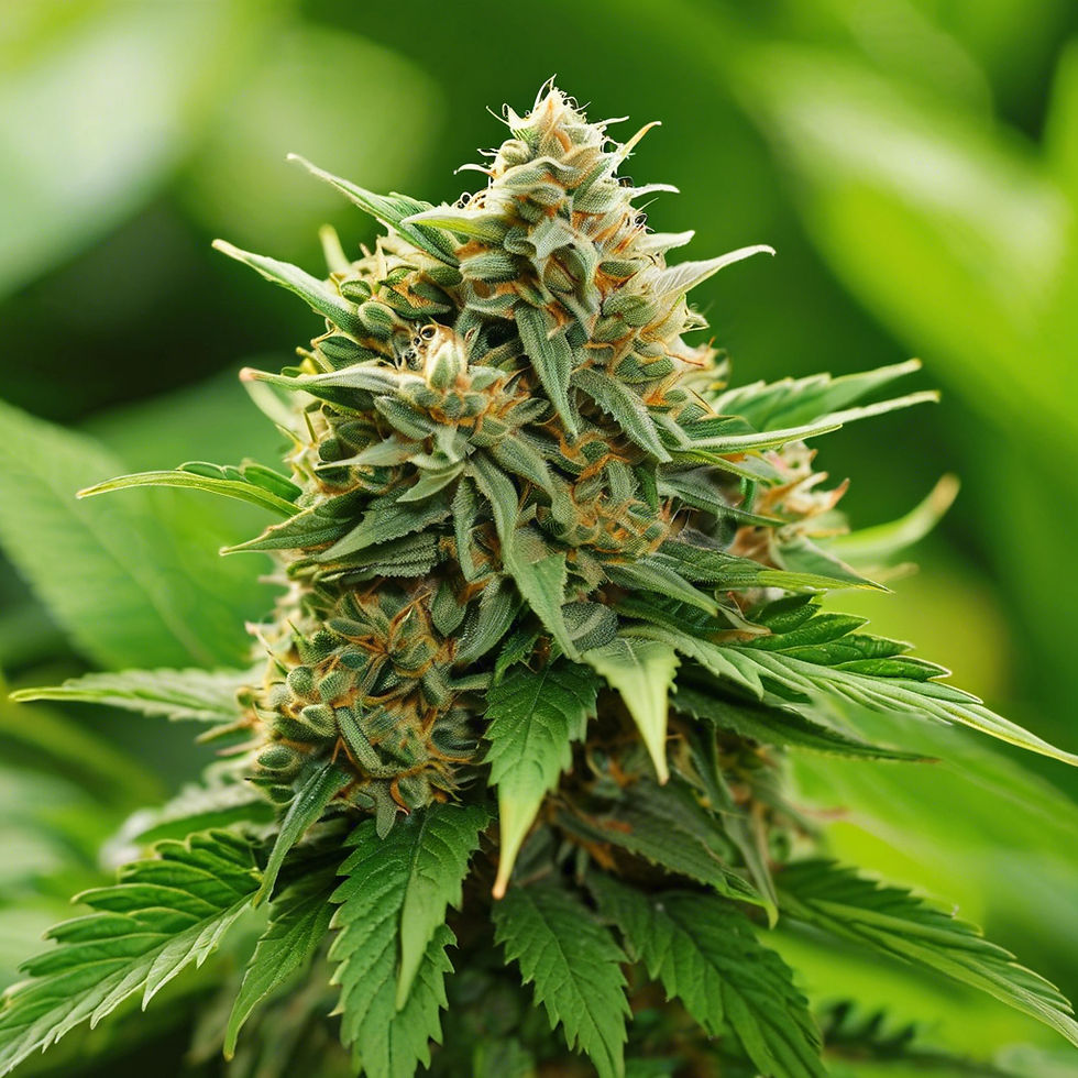 Close-up of a cannabis plant with dense green and orange buds, surrounded by lush leaves. Soft focus green background creates a natural setting.
