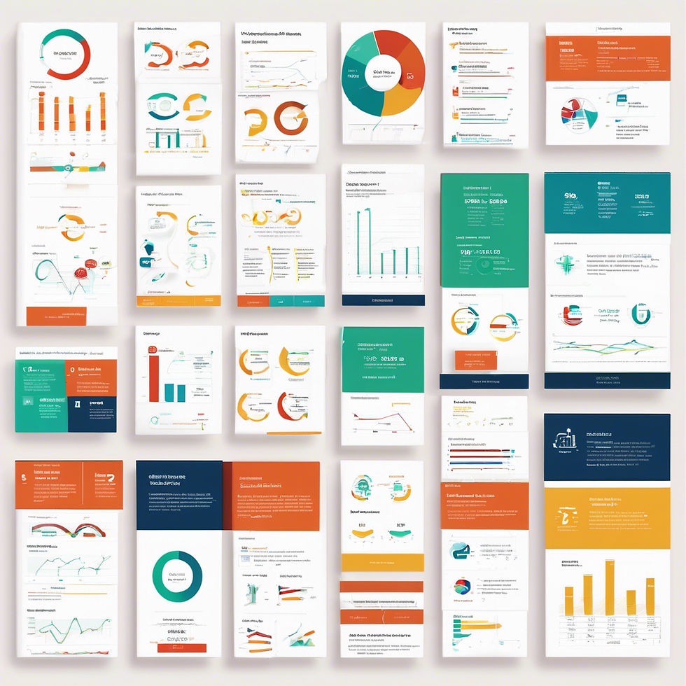 Collection of colorful infographics on charts and graphs in orange, teal, and navy. Includes line, bar, and pie charts on a white background.