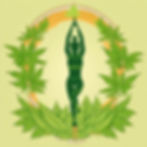 Silhouette of a person in a yoga pose, surrounded by green leaves on a light background. Peaceful and harmonious mood.