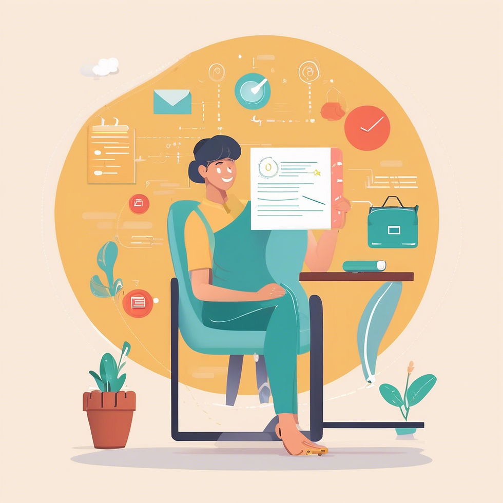 Smiling person holds a document at a desk, surrounded by digital icons and plants. Warm colors and text symbols suggest a productive mood.