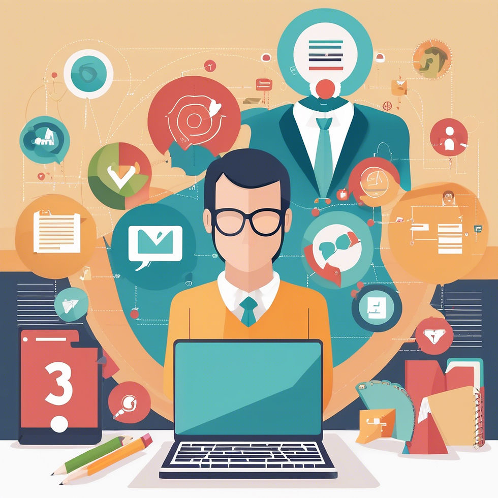 Man at laptop, surrounded by colorful digital icons and charts. Abstract design with tech theme. Warm tones and a focused mood.