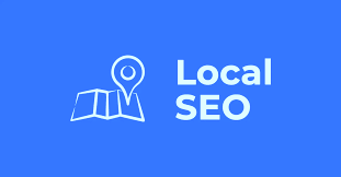 Map icon and "Local SEO" text on blue background, conveying a theme of digital marketing and location-based services.